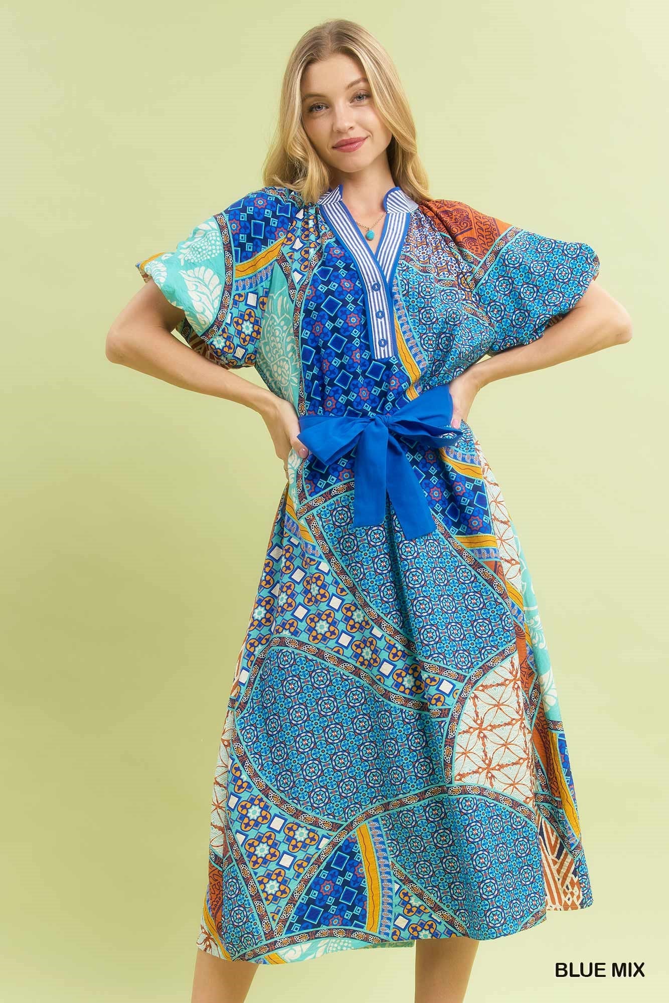 Blue Mix Patchwork Print Midi Dress with Tie Waist