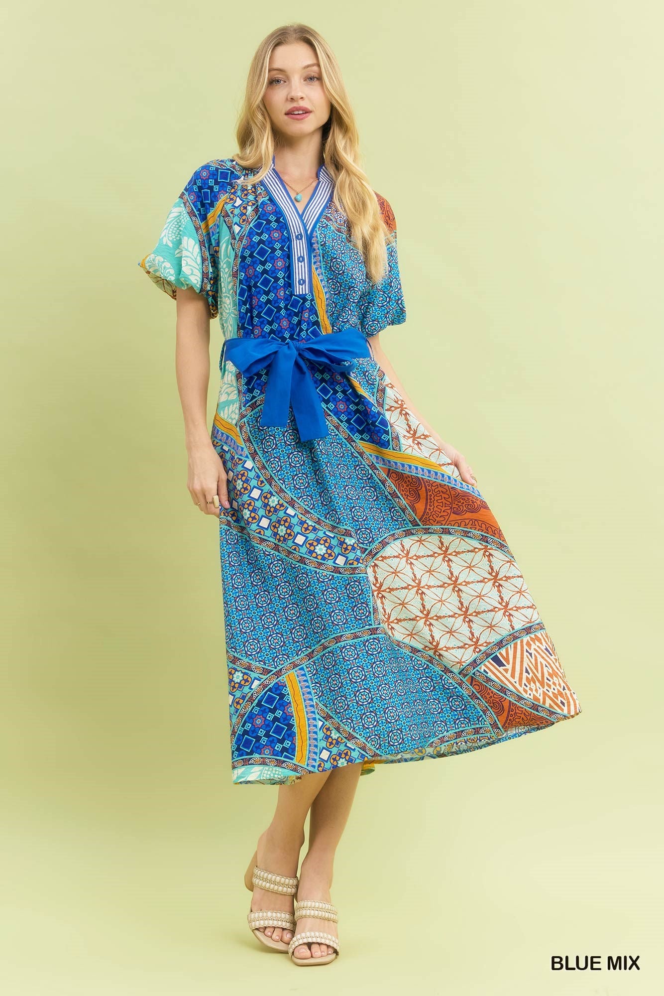 Blue Mix Patchwork Print Midi Dress with Tie Waist