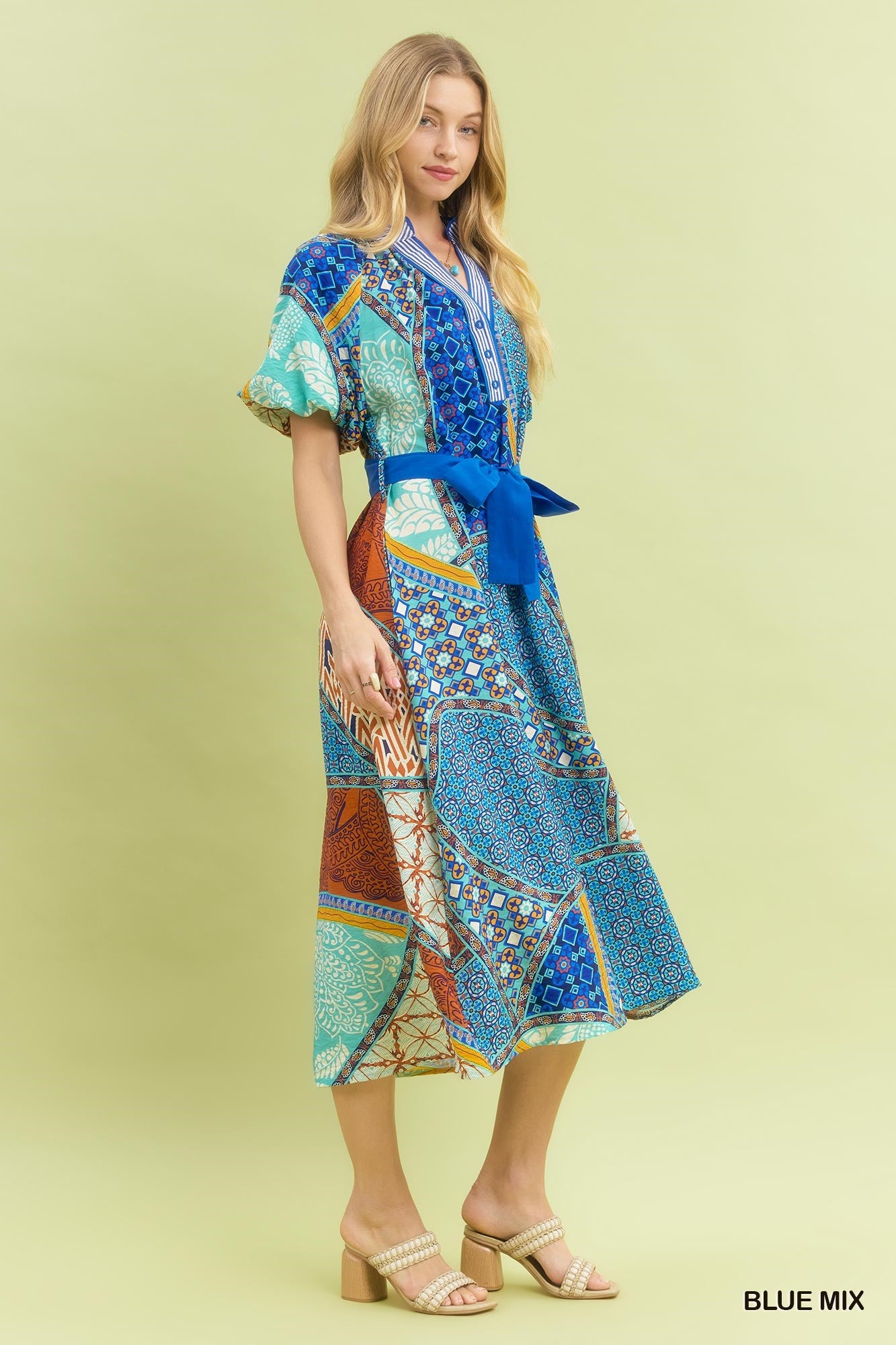 Blue Mix Patchwork Print Midi Dress with Tie Waist
