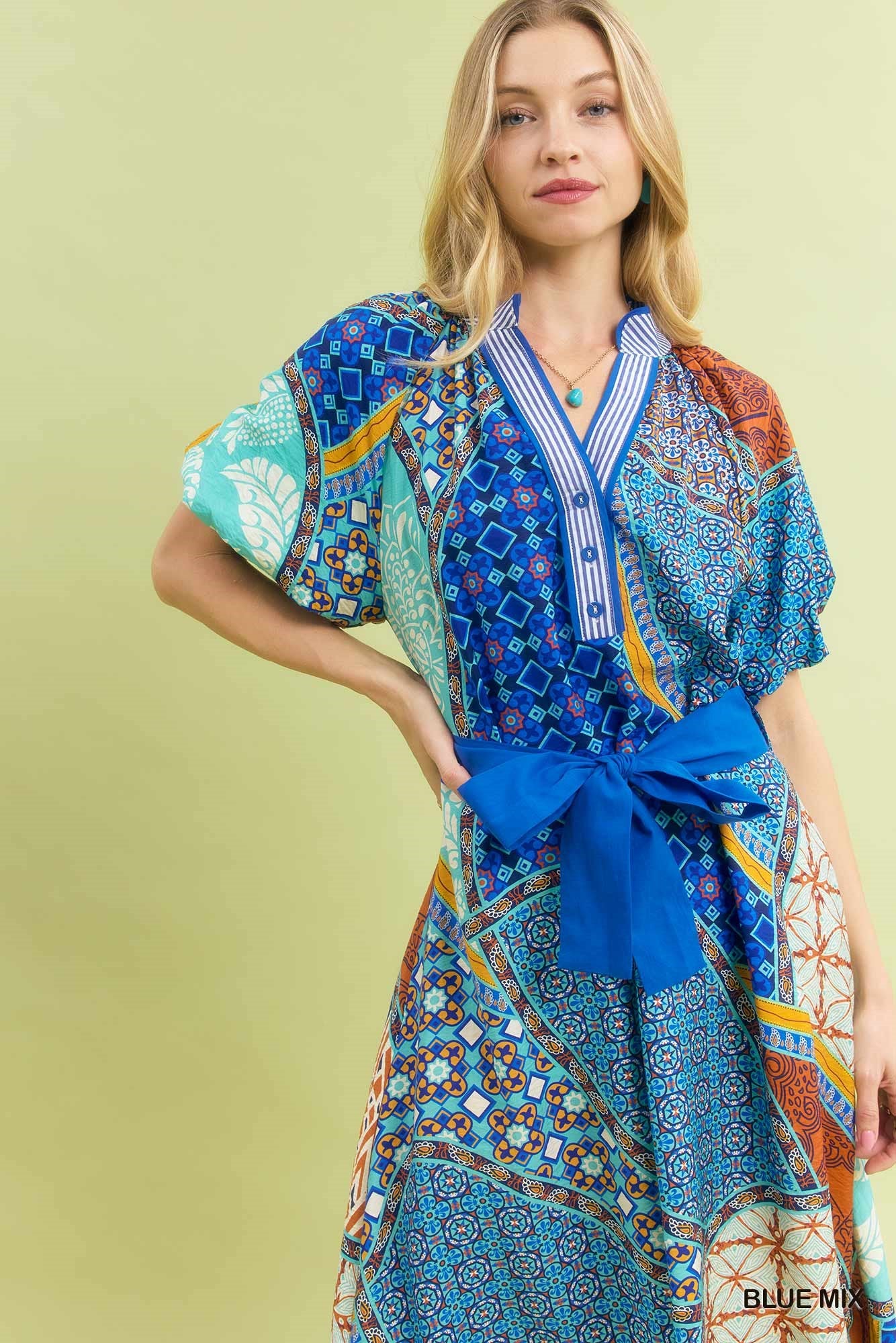 Blue Mix Patchwork Print Midi Dress with Tie Waist