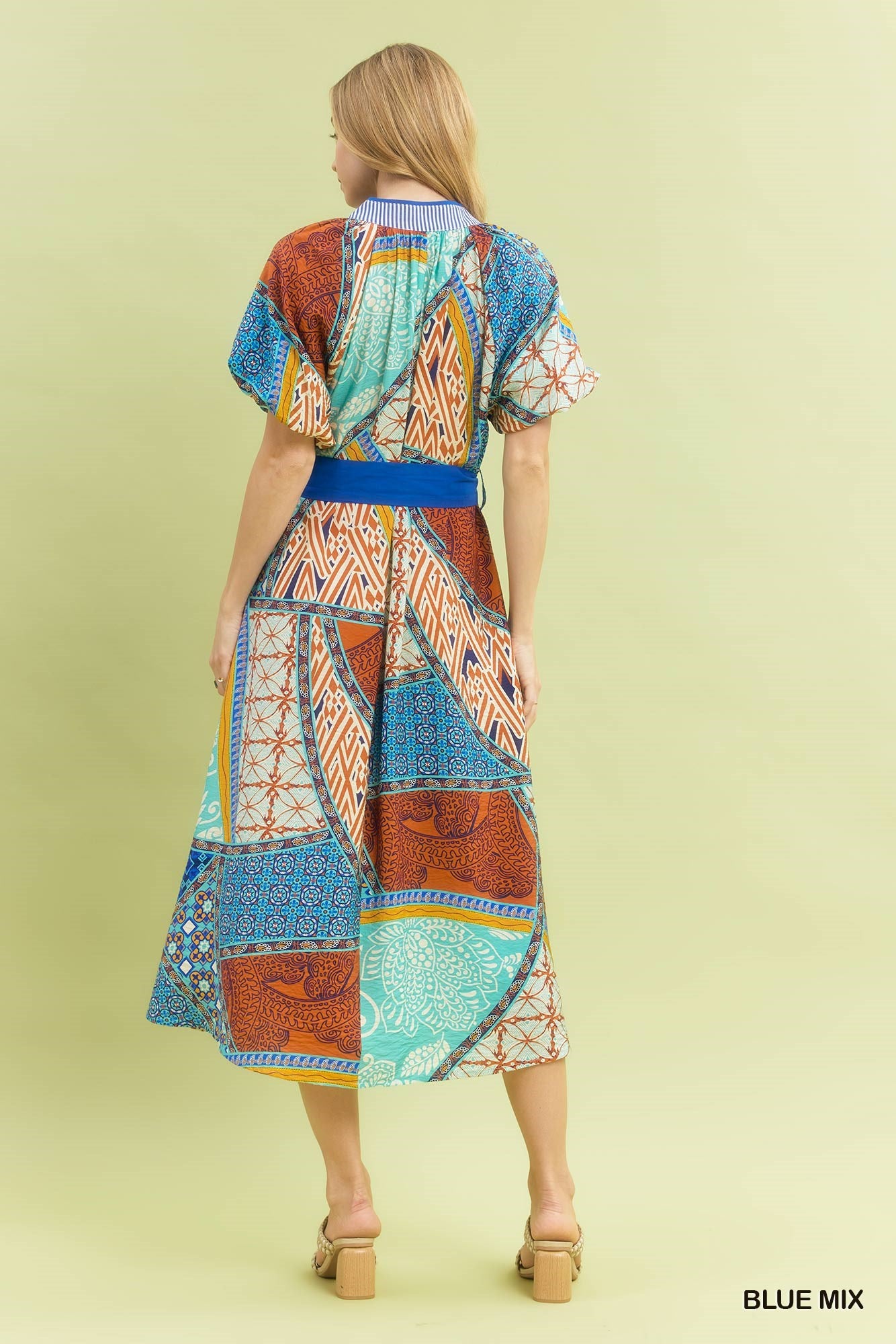 Blue Mix Patchwork Print Midi Dress with Tie Waist