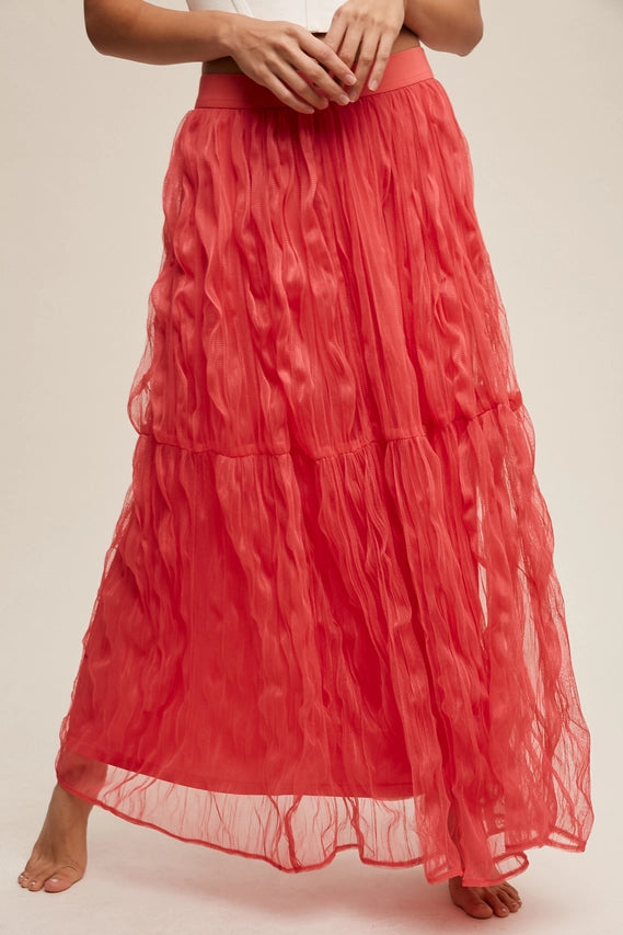 Coral Crinkled Mesh Maxi Skirt