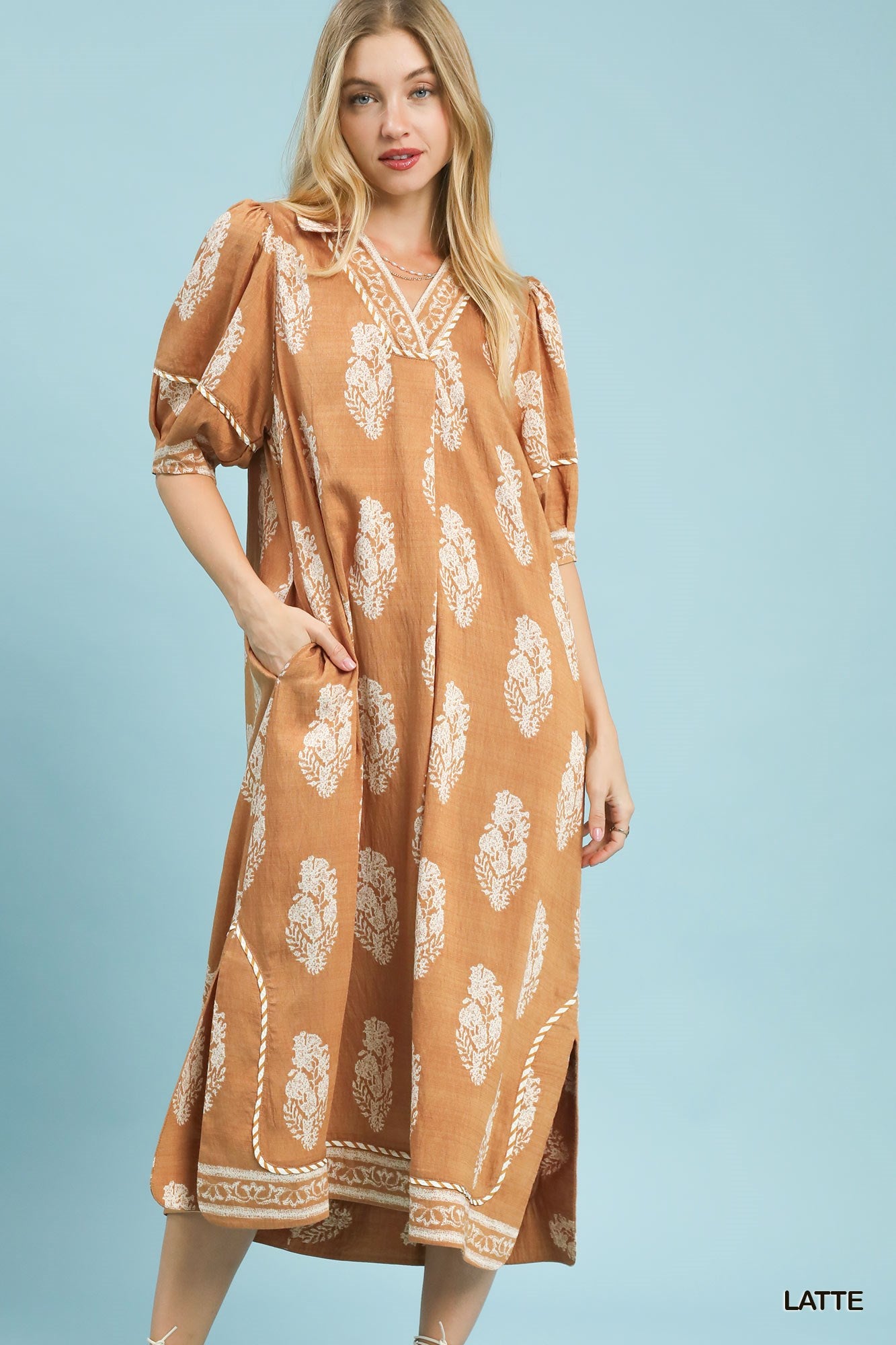 Latte Border Print Collared Midi Dress
