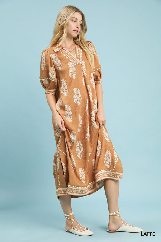 Latte Border Print Collared Midi Dress