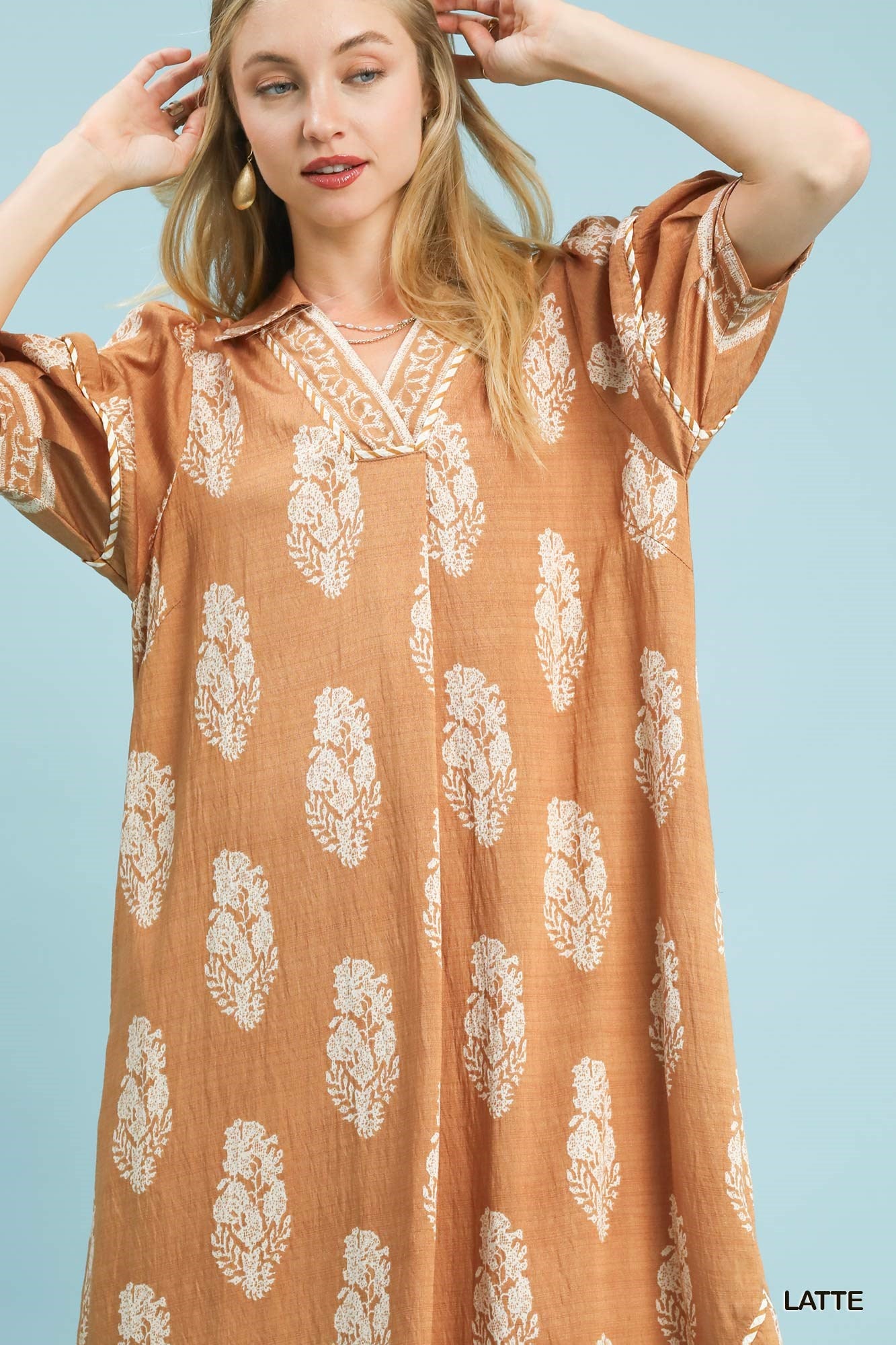 Latte Border Print Collared Midi Dress