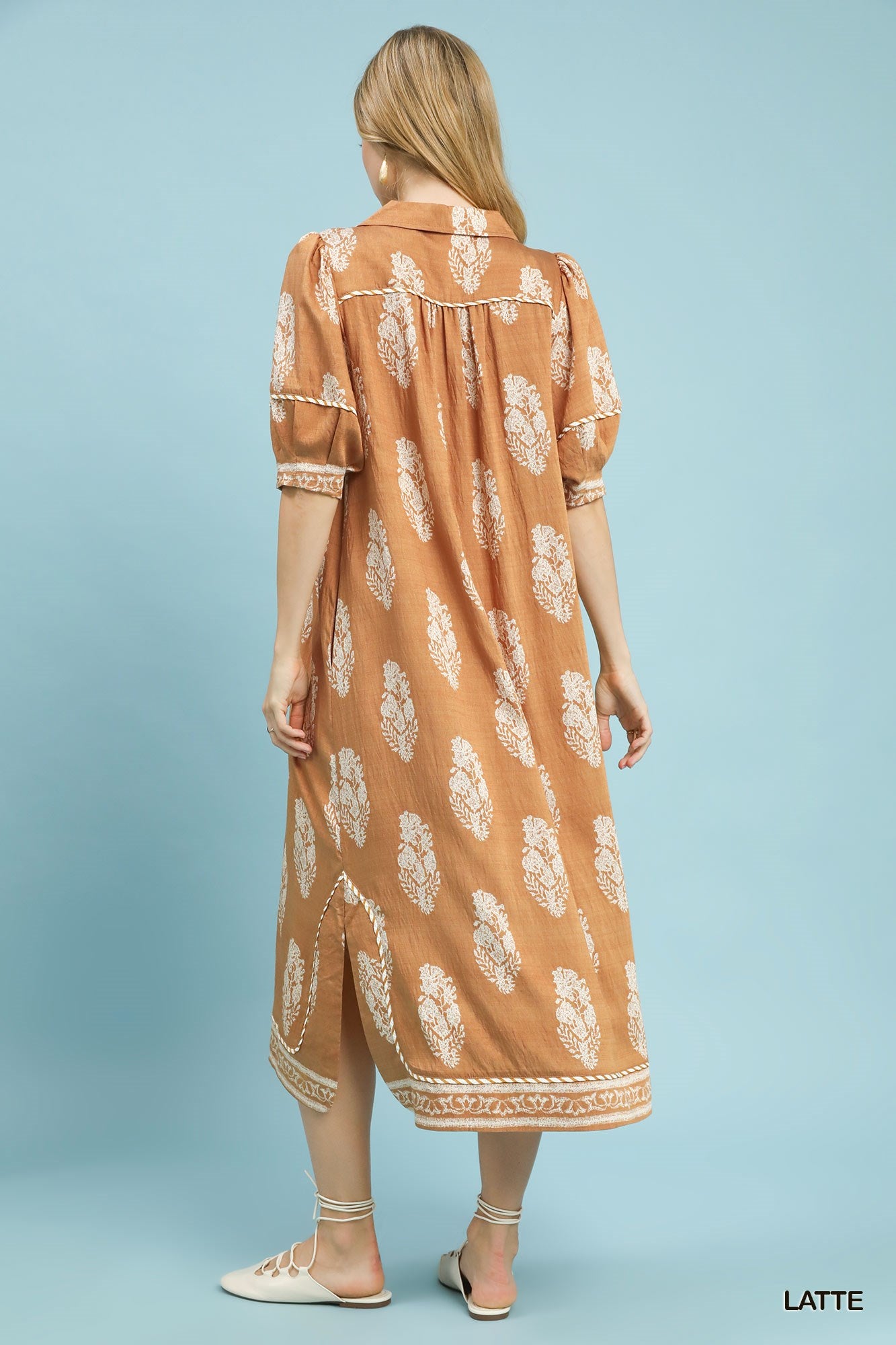Latte Border Print Collared Midi Dress