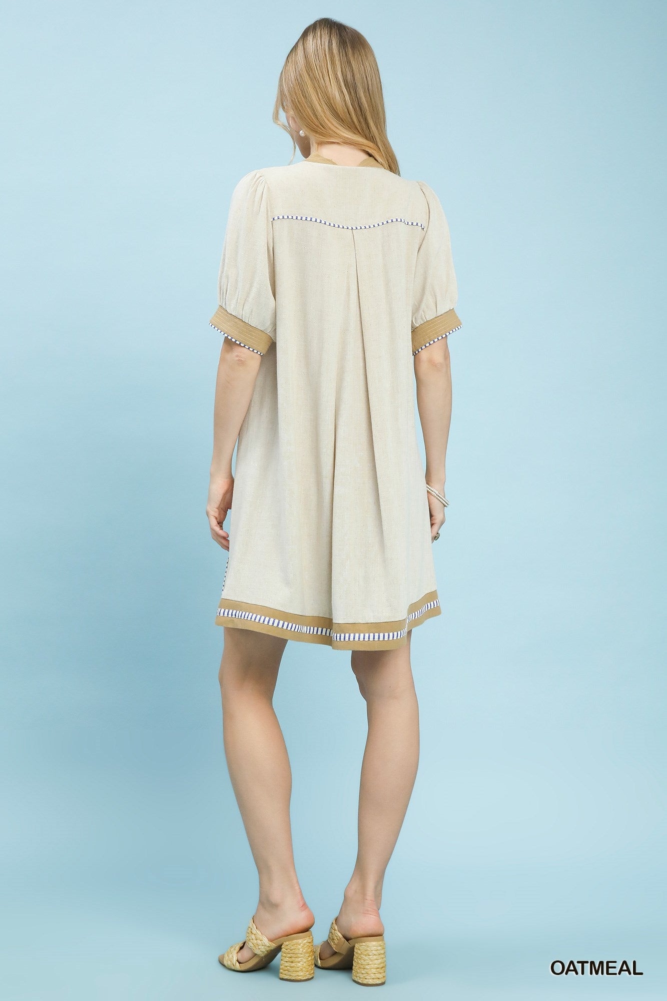 Oatmeal Linen Contrast Trim Midi Dress