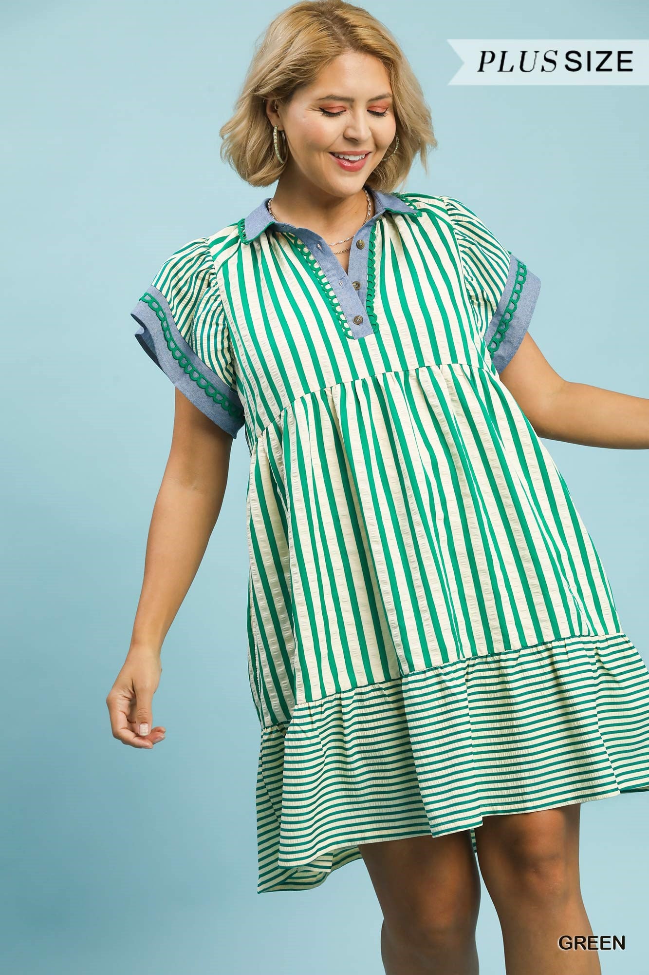 Green Mixed Stripe Flutter Sleeve Tiered Babydoll Top