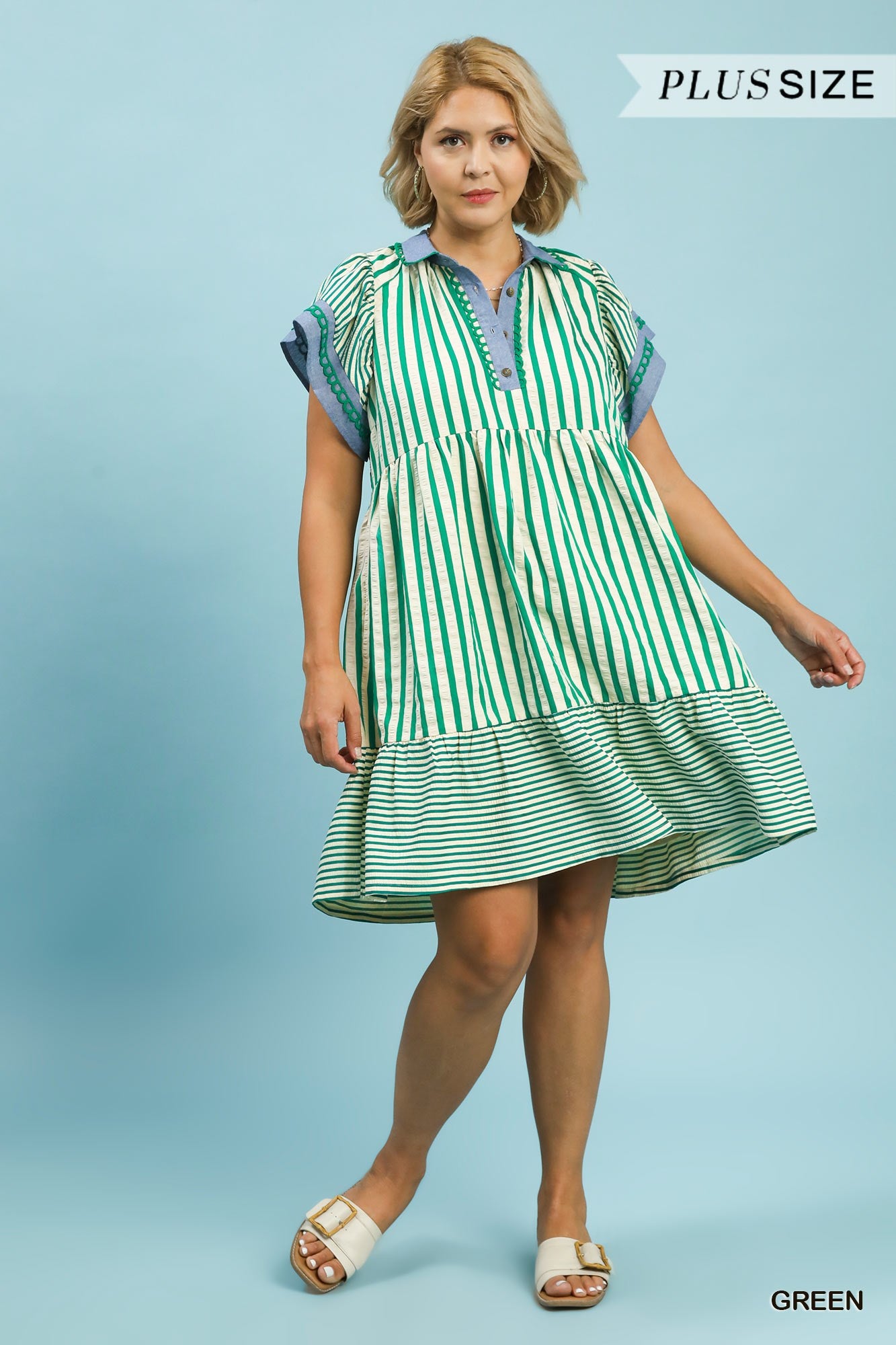Green Mixed Stripe Flutter Sleeve Tiered Babydoll Top