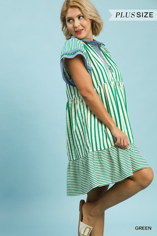 Green Mixed Stripe Flutter Sleeve Tiered Babydoll Top