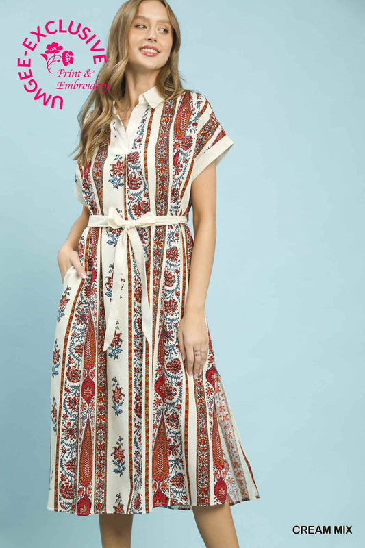 Vertical Print Tie Waist Midi Dress
