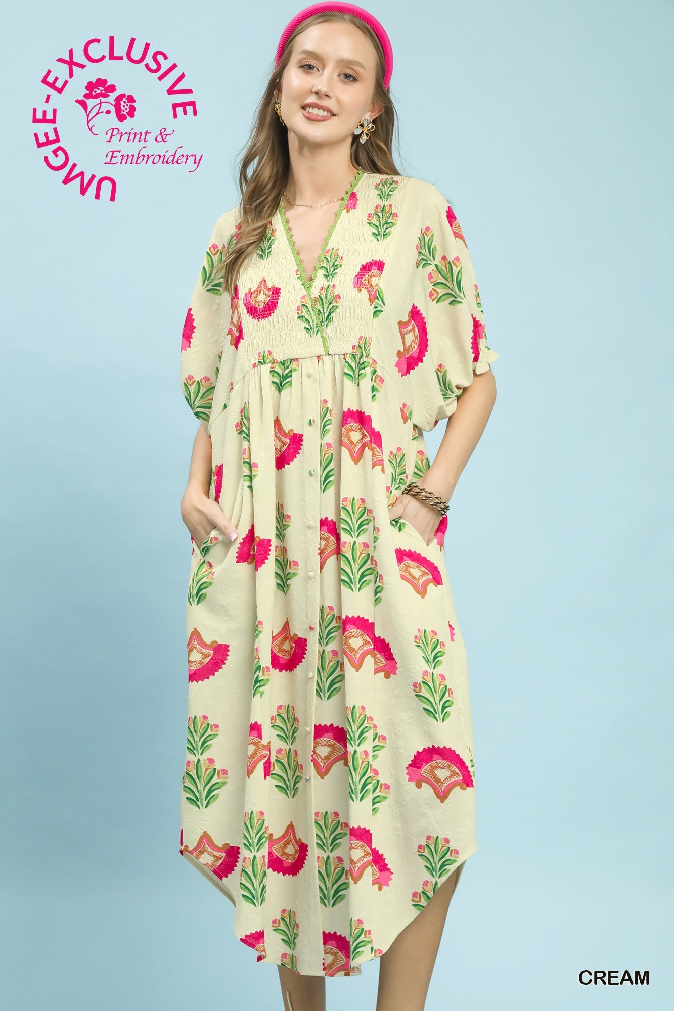 Pink and Cream Floral Print V-Neck Midi Dress