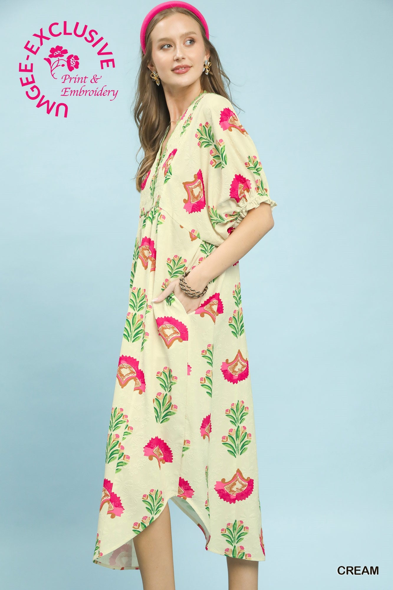 Pink and Cream Floral Print V-Neck Midi Dress
