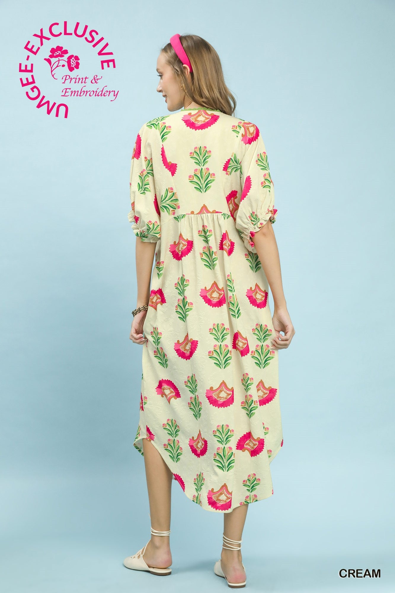 Pink and Cream Floral Print V-Neck Midi Dress
