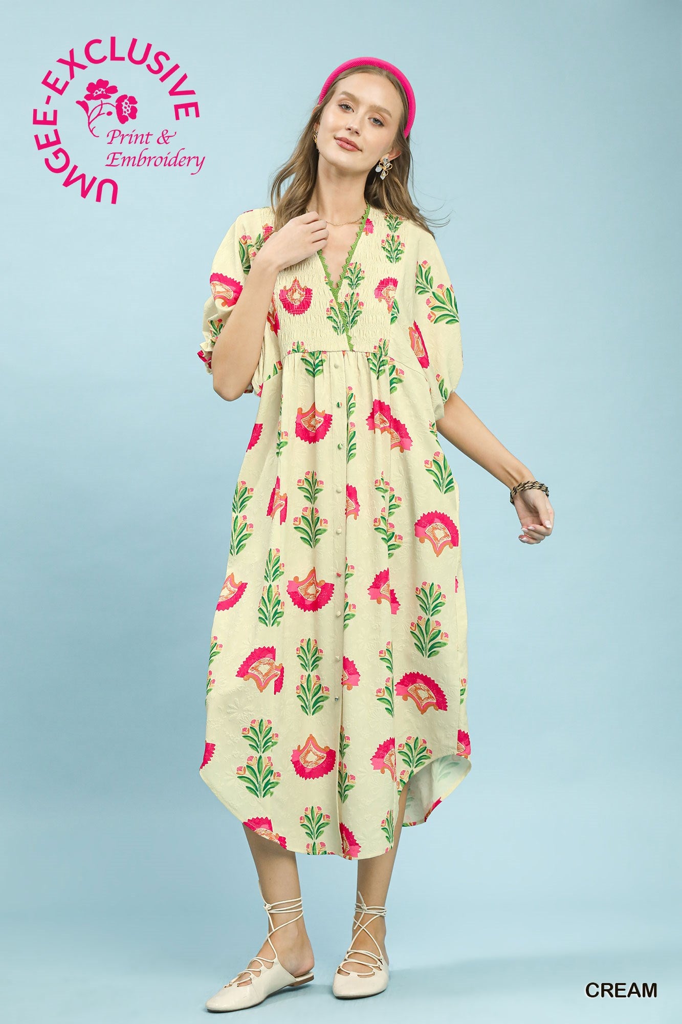 Pink and Cream Floral Print V-Neck Midi Dress
