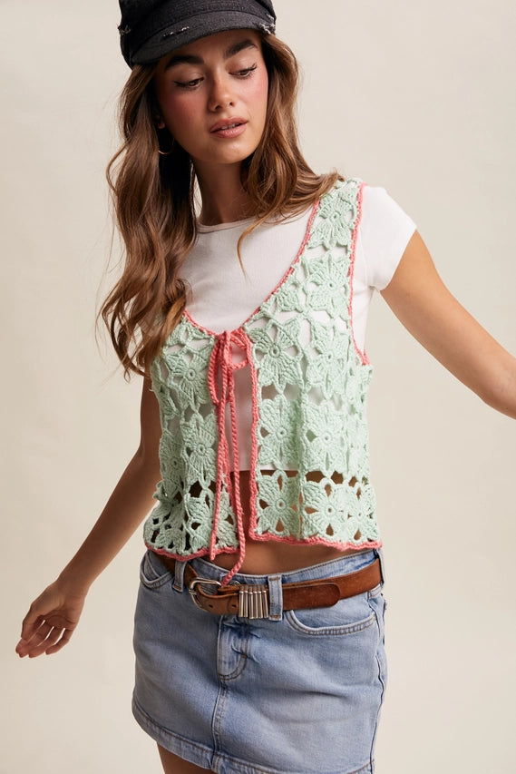 Spearmint Crochet Flower Tie-Front Vest