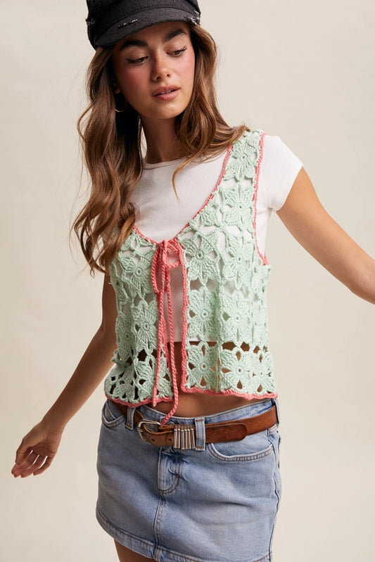 Spearmint Crochet Flower Tie-Front Vest