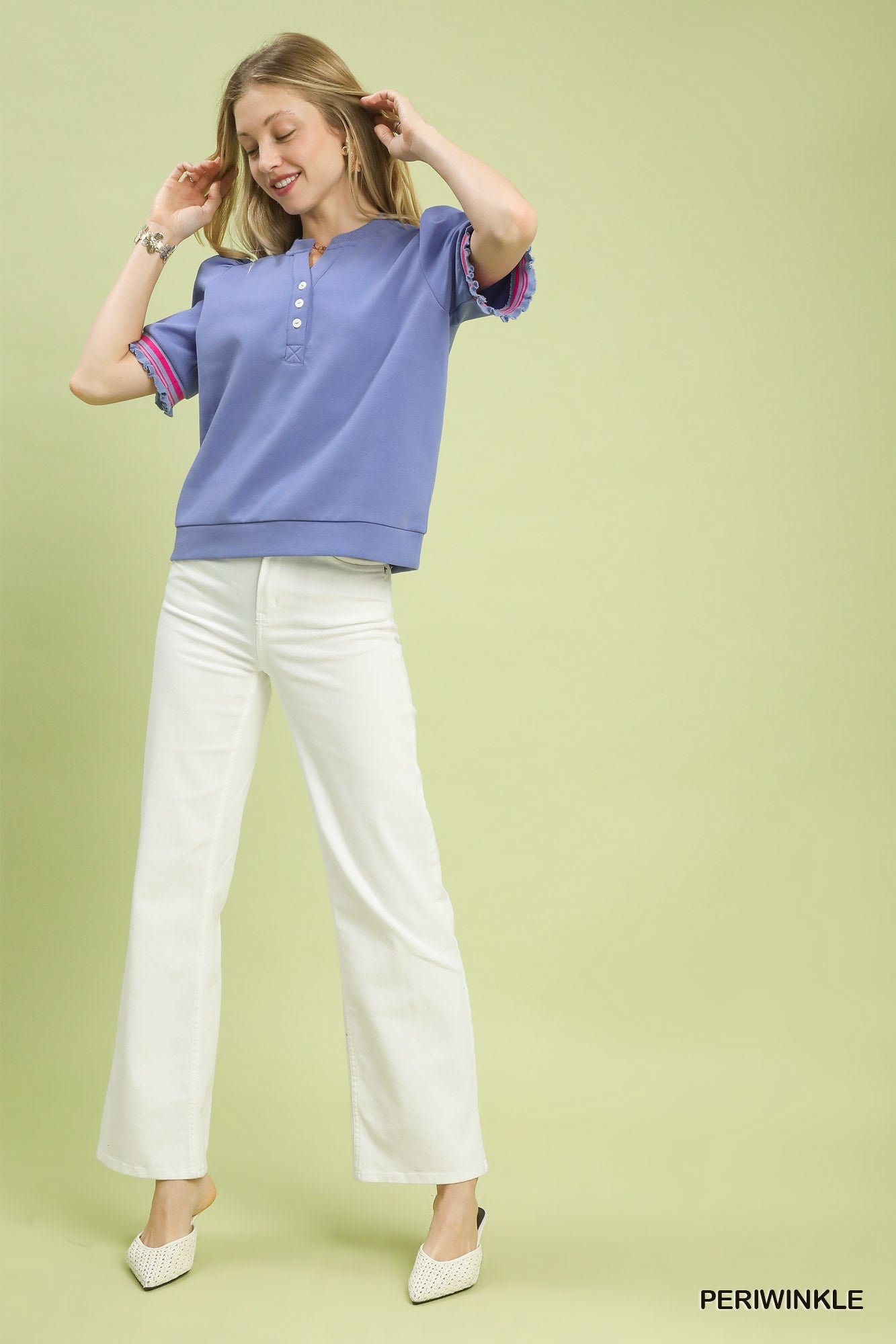 Periwinkle Puff Sleeve Knit Top with Contrast Trim