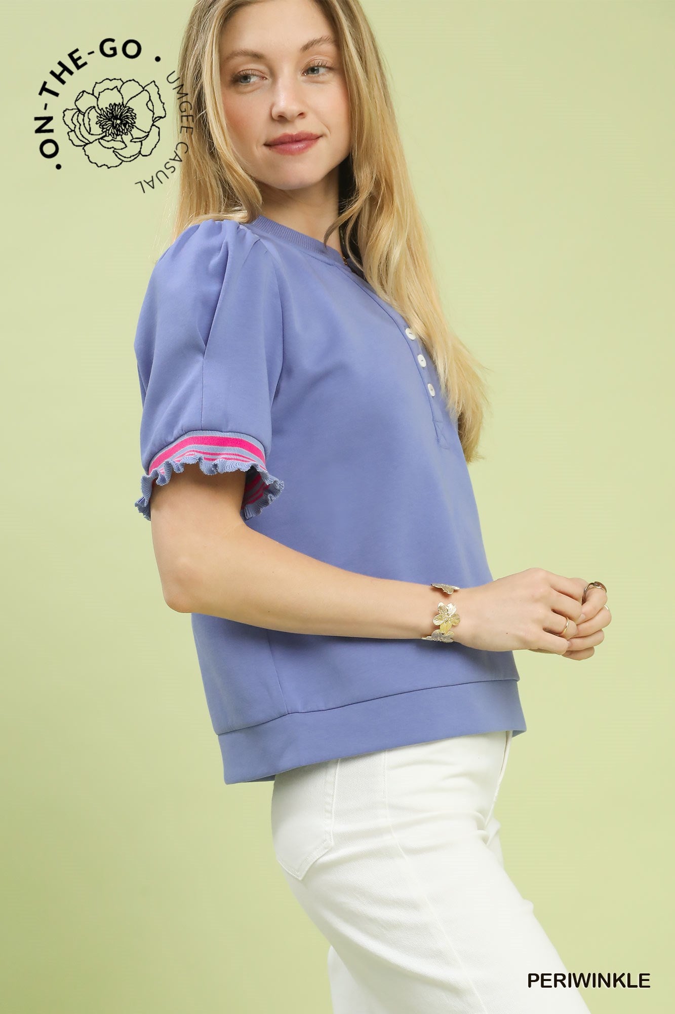 Periwinkle Puff Sleeve Knit Top with Contrast Trim