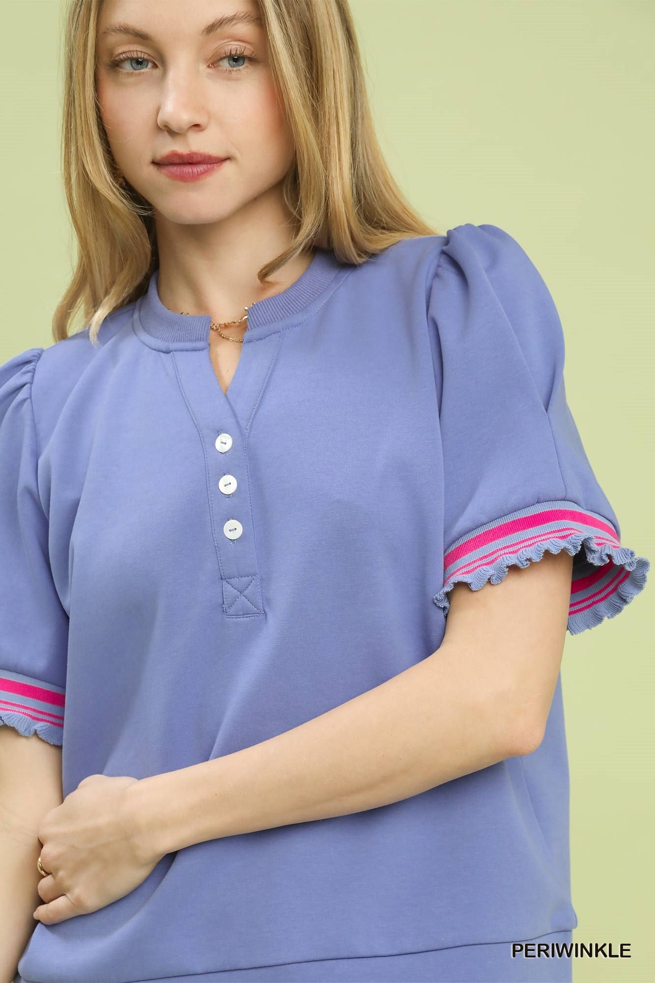Periwinkle Puff Sleeve Knit Top with Contrast Trim