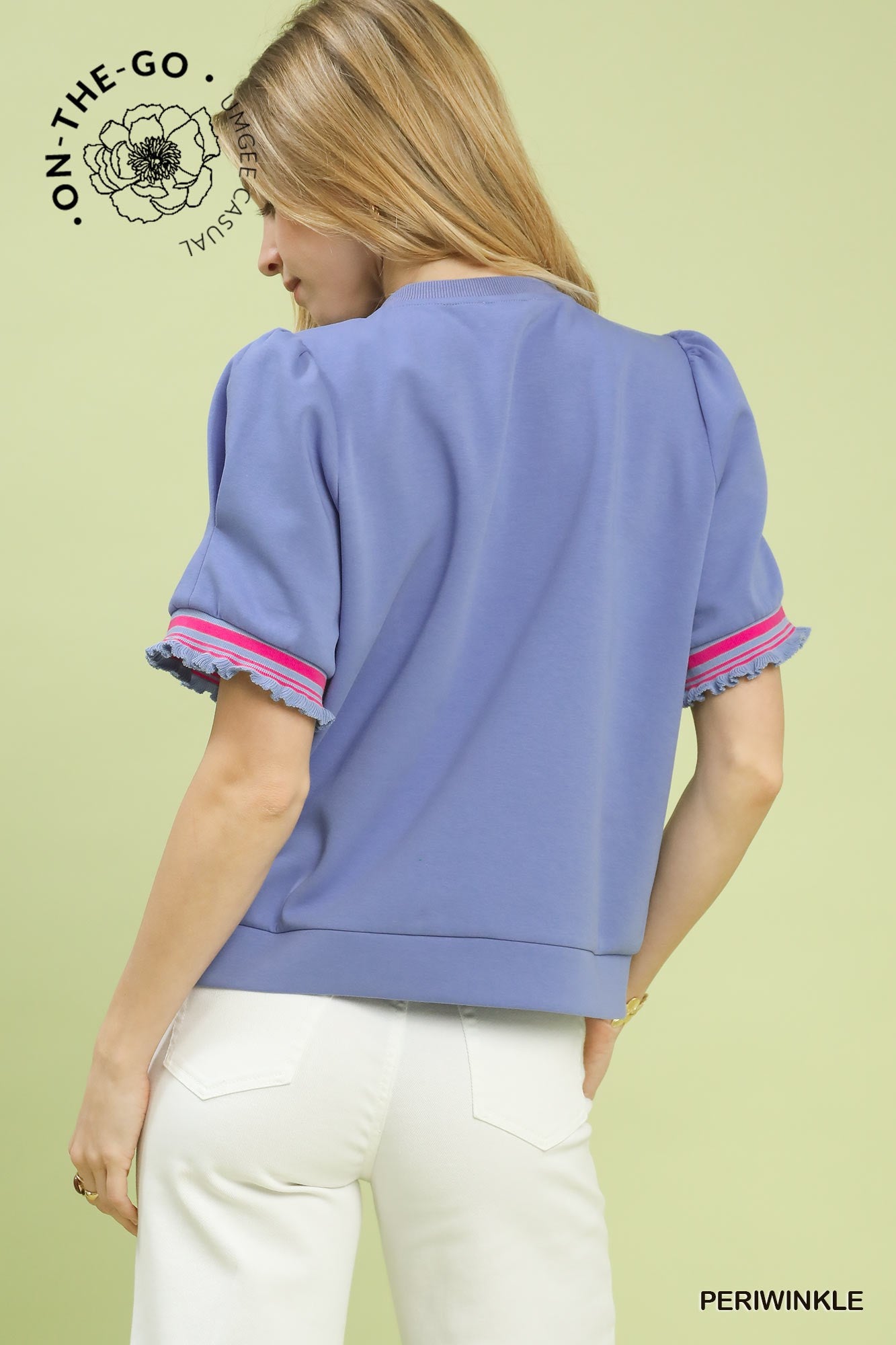 Periwinkle Puff Sleeve Knit Top with Contrast Trim