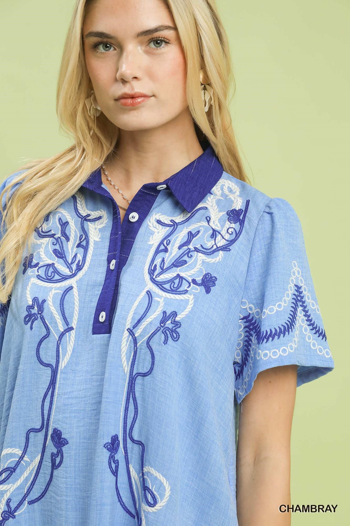 Blue Embroidered Button Placket Babydoll Dress