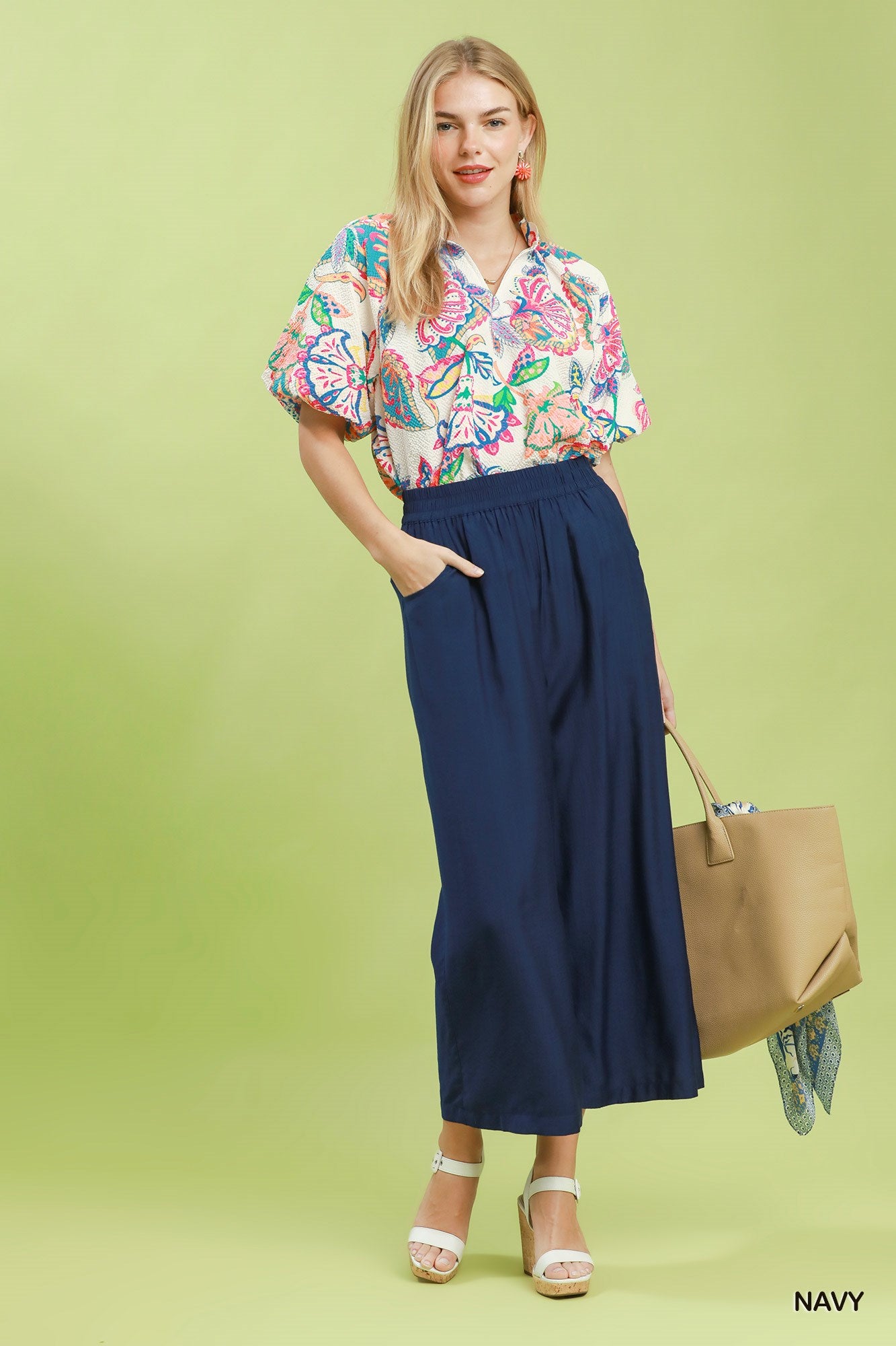 Navy wide leg pull-on pants
