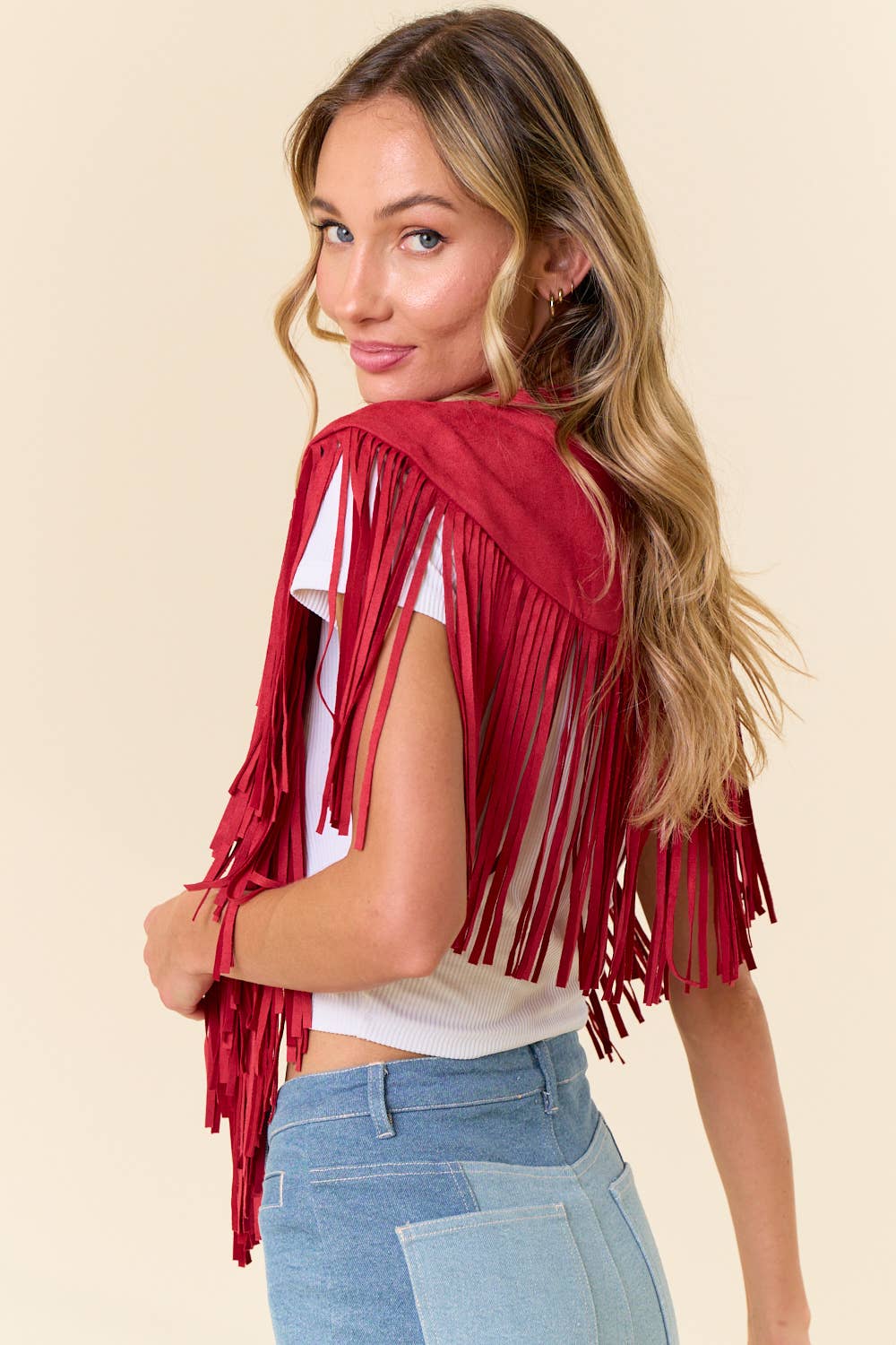 Red Western Fringe Suede Collar Shrug