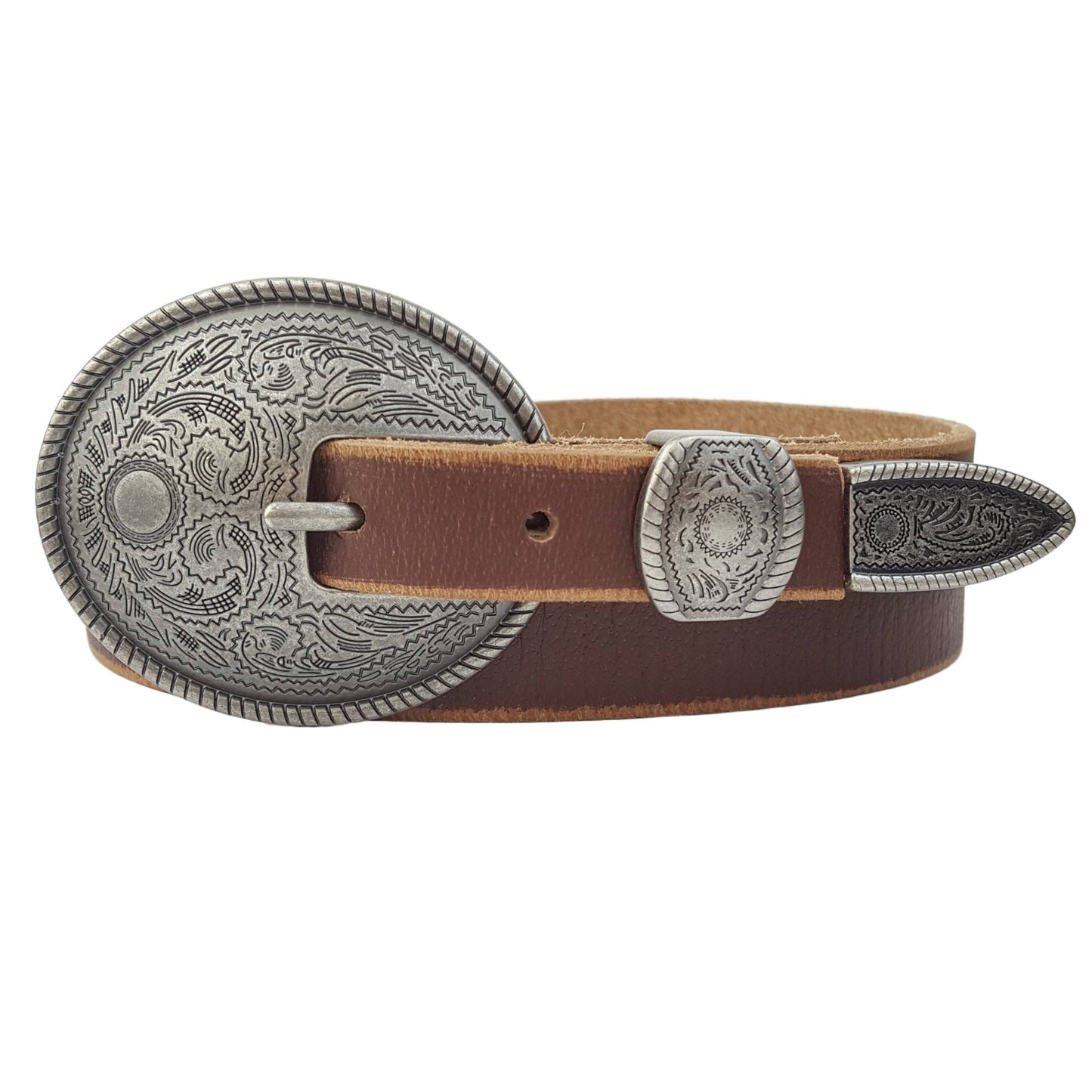Brown Vintage Skinny Leather Belt w.  antique silver floral buckle