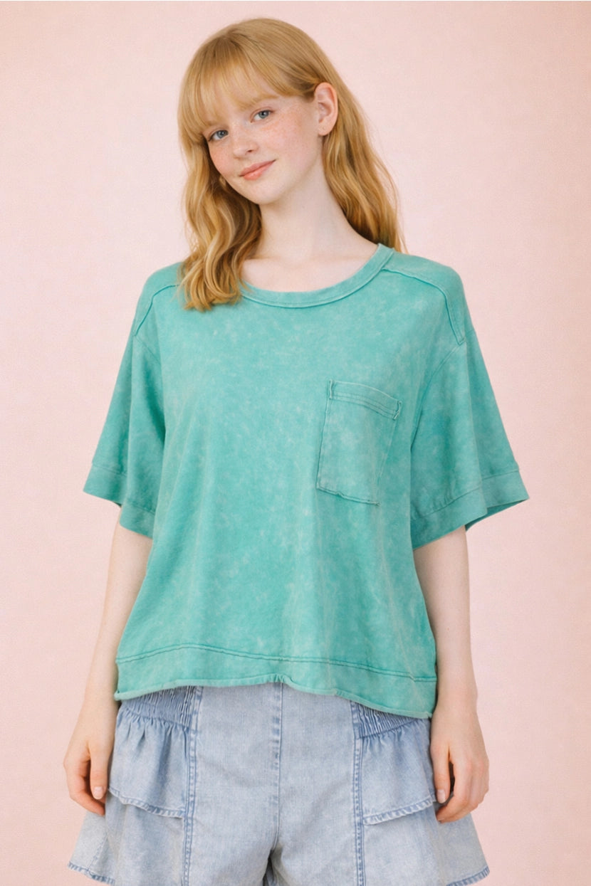Seafoam Mineral Washed Oversized Crop Comfy Knit Top