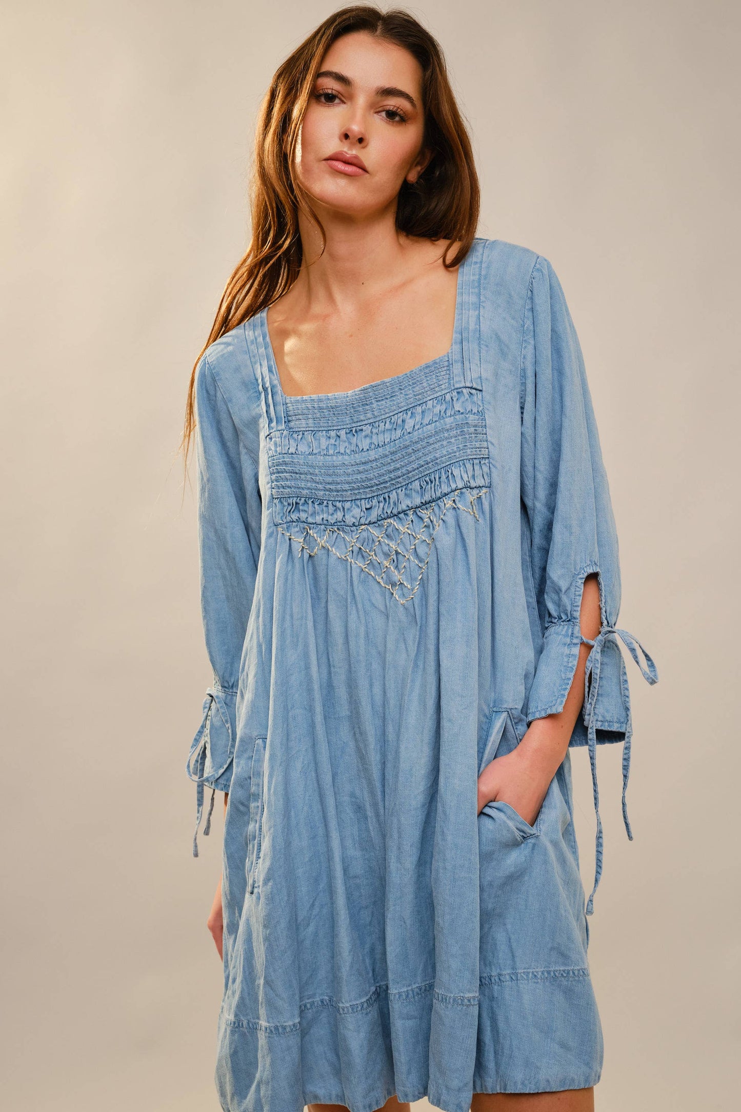 3/4 Sleeve Stitch Detail Chambray Dress