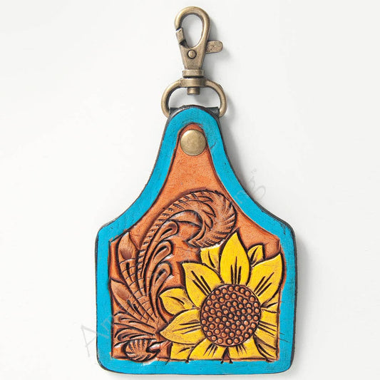 Tooled Leather Keychain   Sunflower & Western Scroll with Turquoise Border