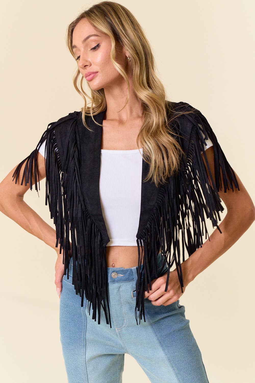 Black Fringe Suede Collar Shrug