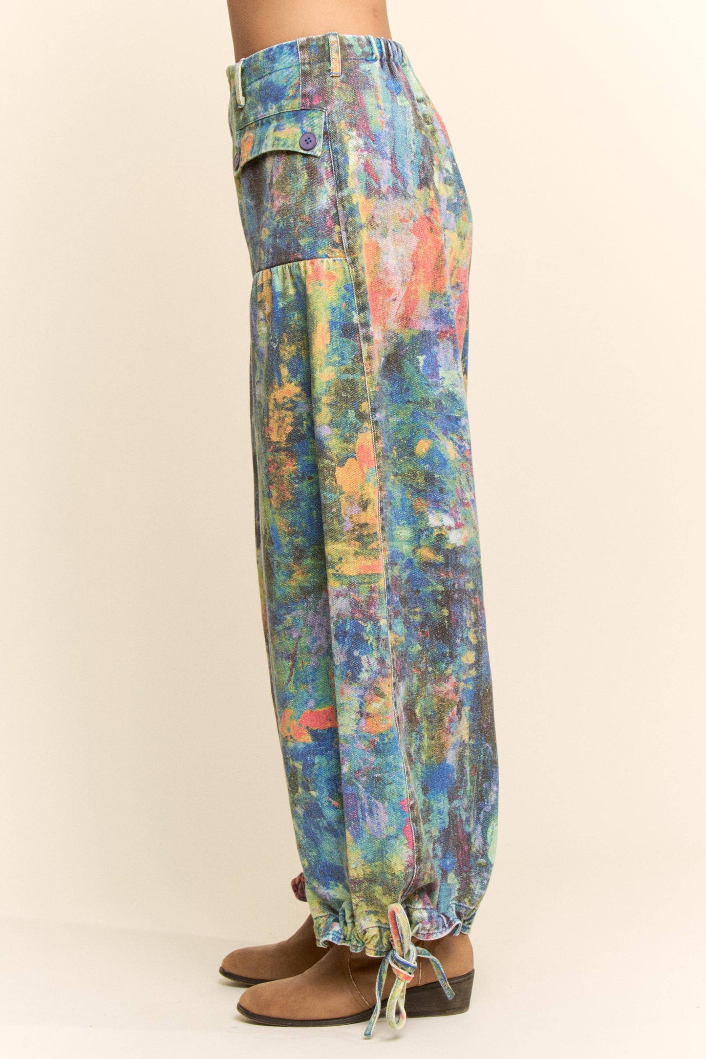 Lime Green and Cobalt Paint Printed Denim Pants