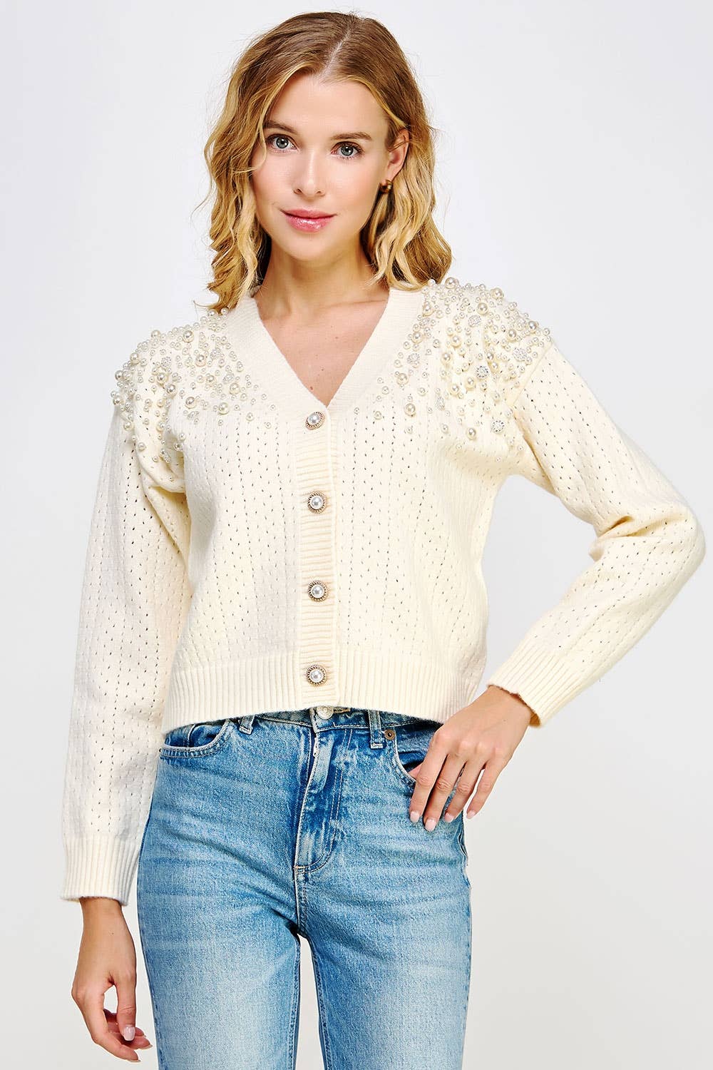 Cream Pearl Studded Eyelet Knit Cardigan Sweater