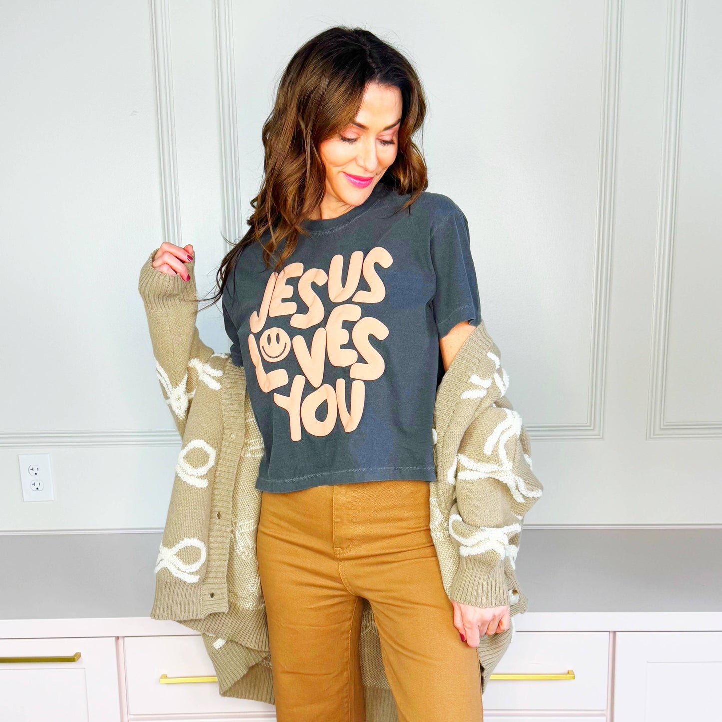 Neon Cantaloupe Smiley Jesus Loves You Puff Cropped Tee