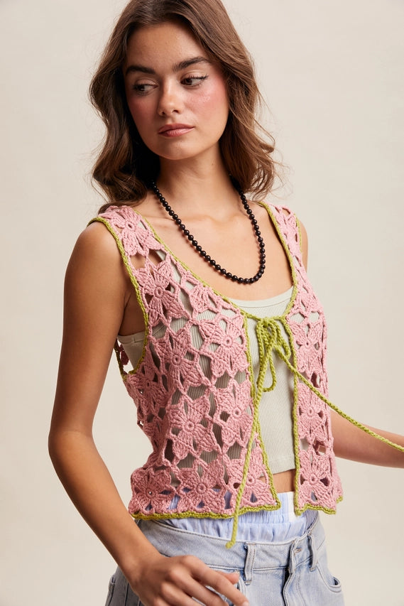 Strawberry Crochet Flower Tie-Front Vest