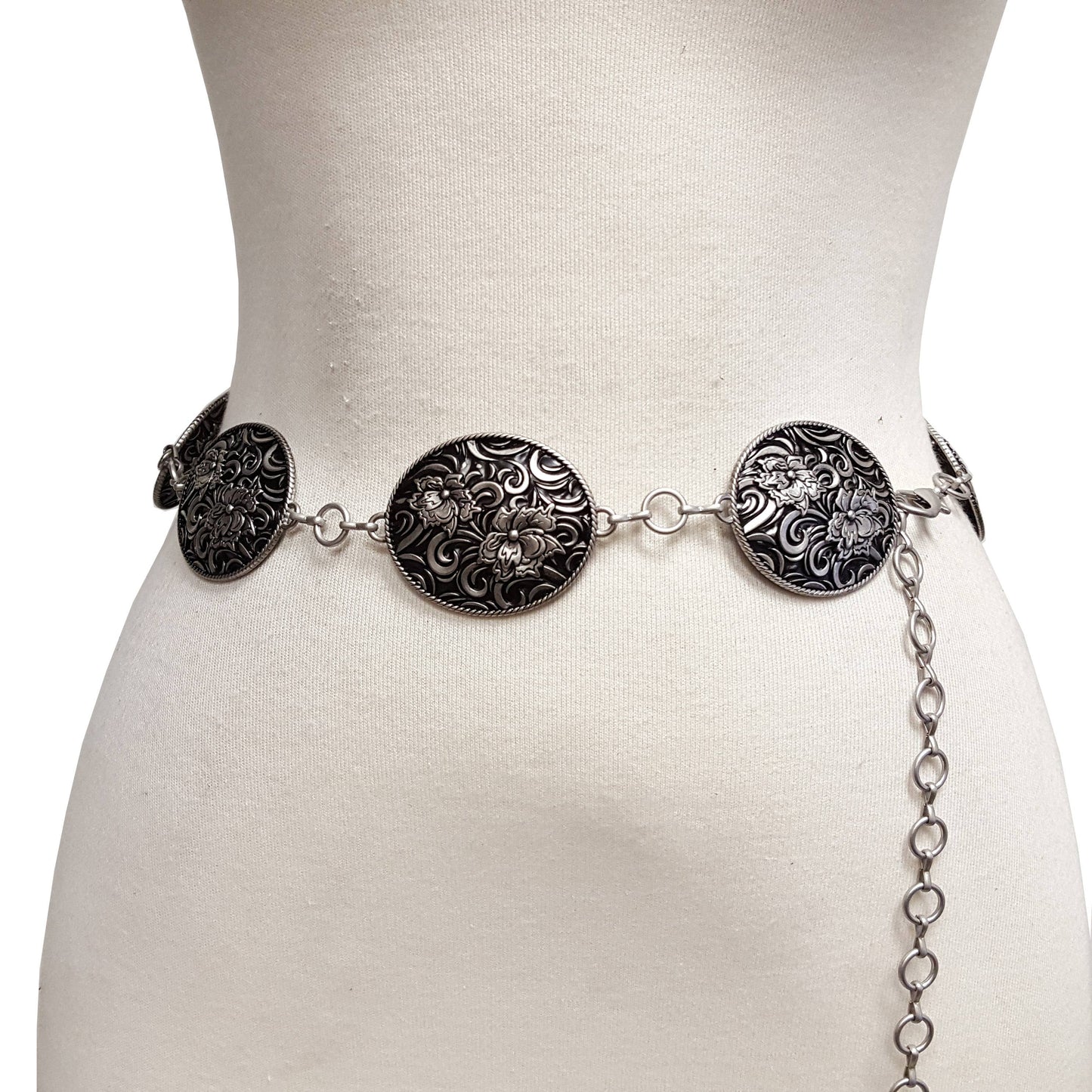 Silver Western-Inspired Oval Concho Chain Belt