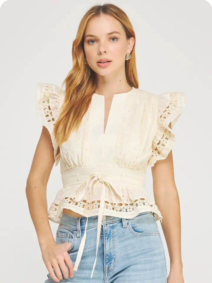 Cream Eyelet Lace Trim Flutter Sleeve Peplum Top
