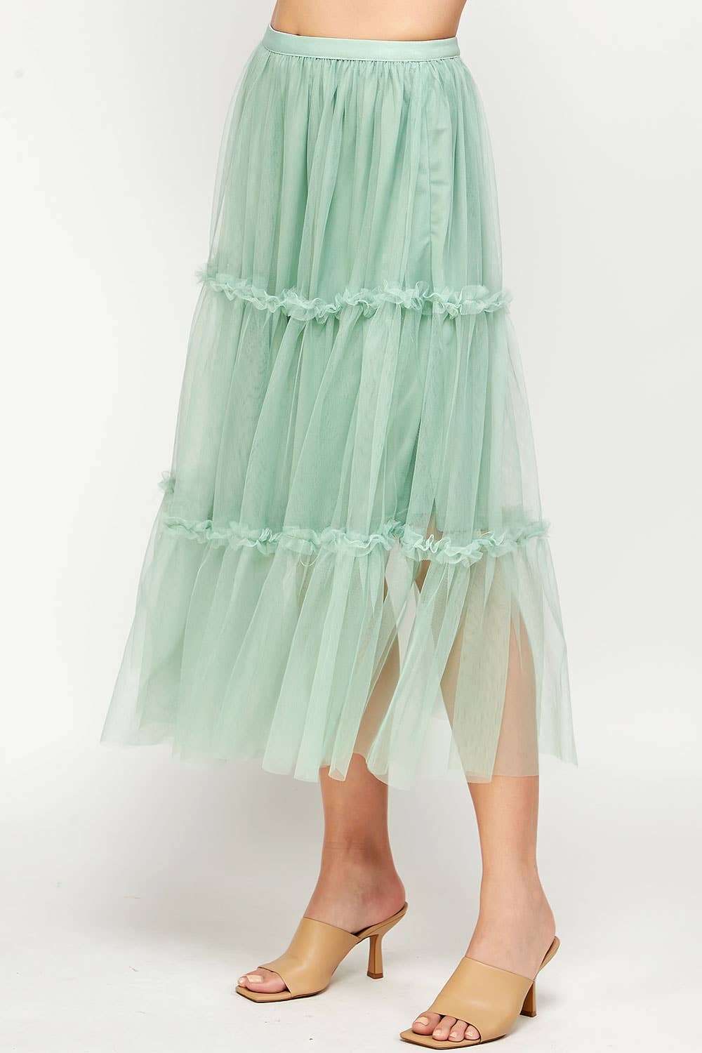 Sage Green Tulle Midi Skirt With Mini Ruffles