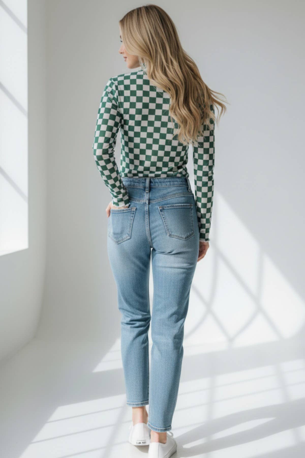 Green Checkered Mesh Mock Neck Top