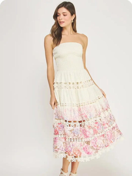 Pink and Beige Eyelet Lace Tube Dress in Floral Print