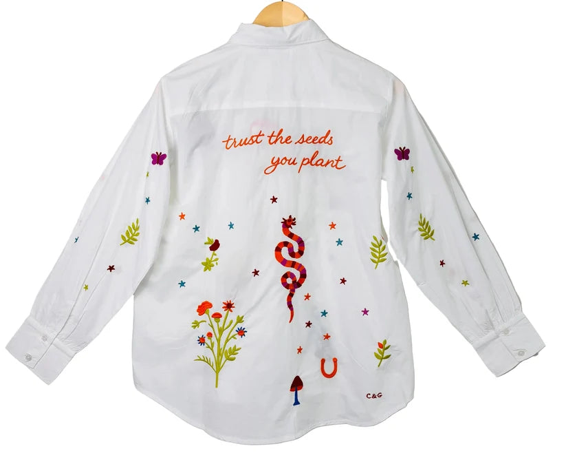 Plant the Seed Embroidered Cotton Button-Up Shirt