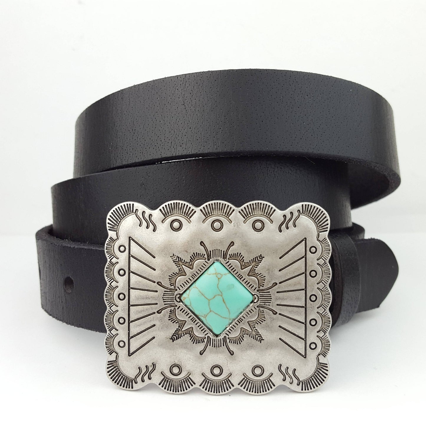 Genuine Leather Skinny Belt with Western Style Buckle: Black