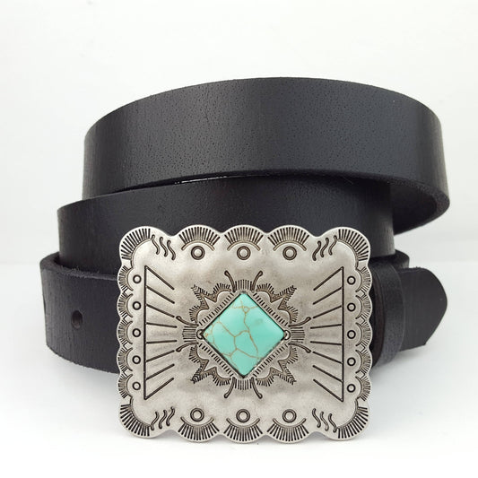 Genuine Leather Skinny Belt with Western Style Buckle: Black