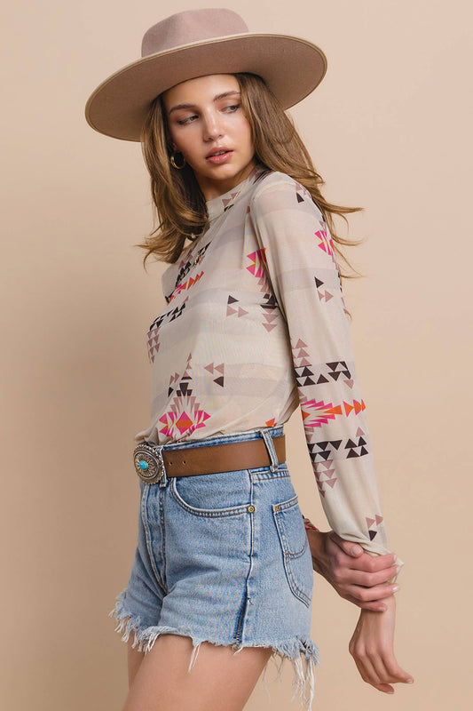 Western Aztec Print Mesh Mock Neck Top: WESTERN PRINT / M