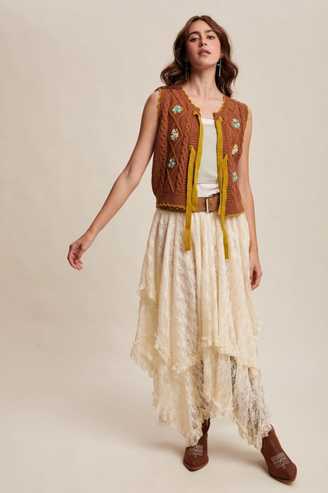 Brown Bow-Tie Floral Knit Vest