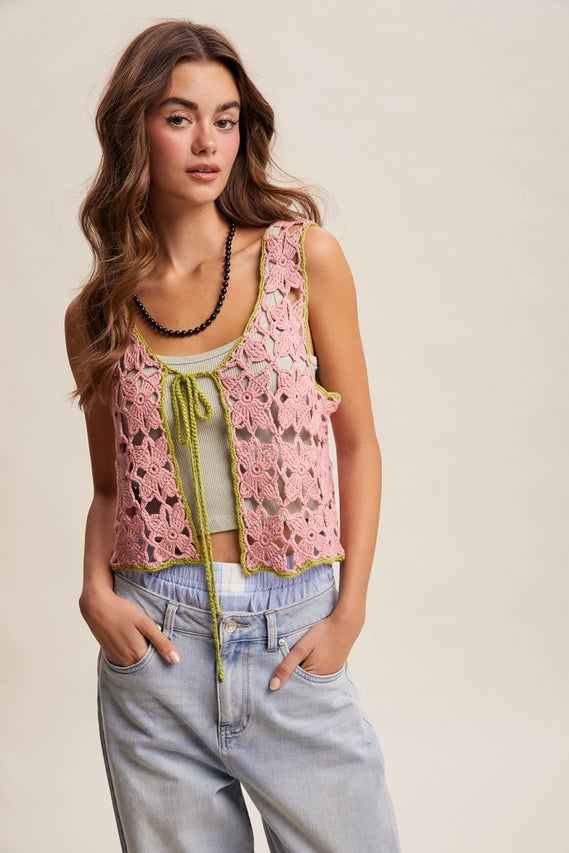 Strawberry Crochet Flower Tie-Front Vest