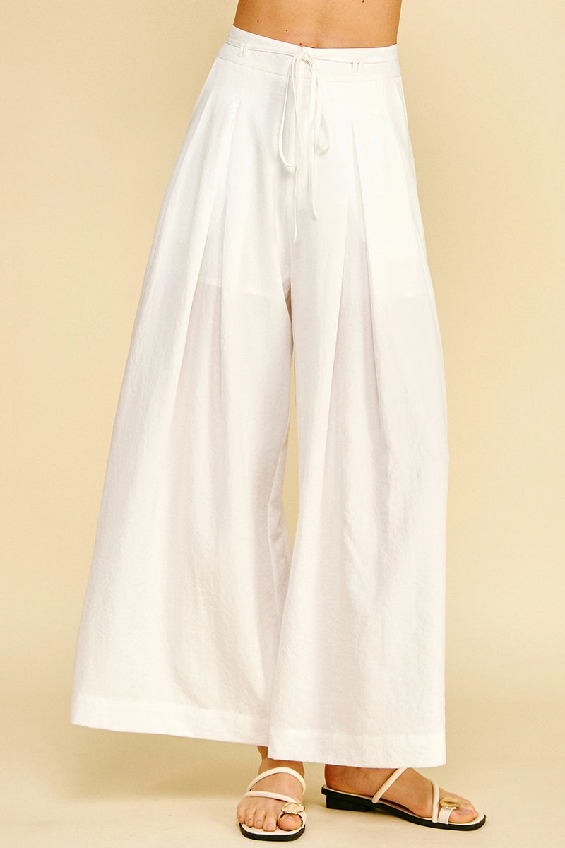 White Pleated Detail Wide Leg Pants