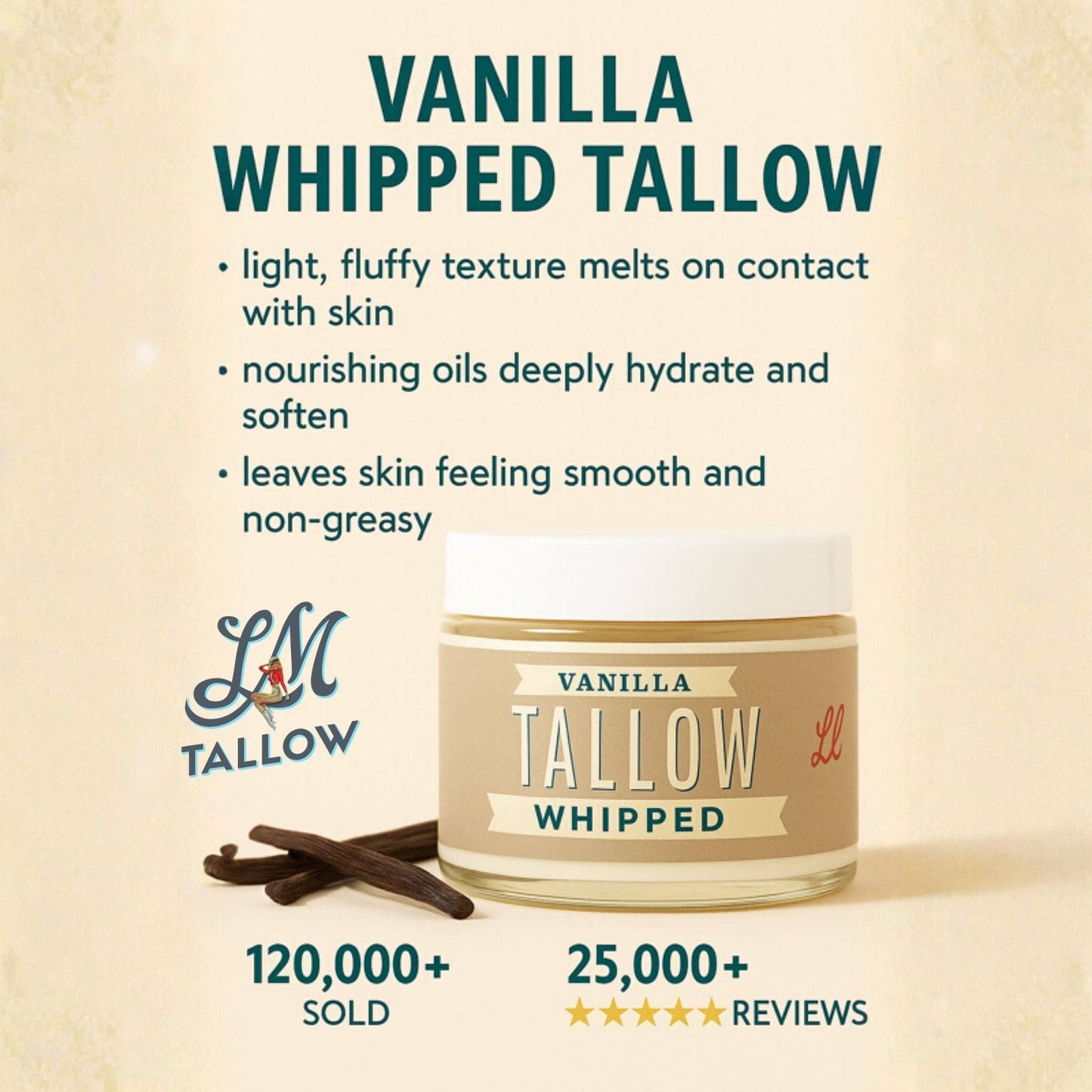 Vanilla Whipped Tallow Moisturizer – 120,000+ Sold | Premium Beef Tallow Skincare | Lady May Tallow: 9oz